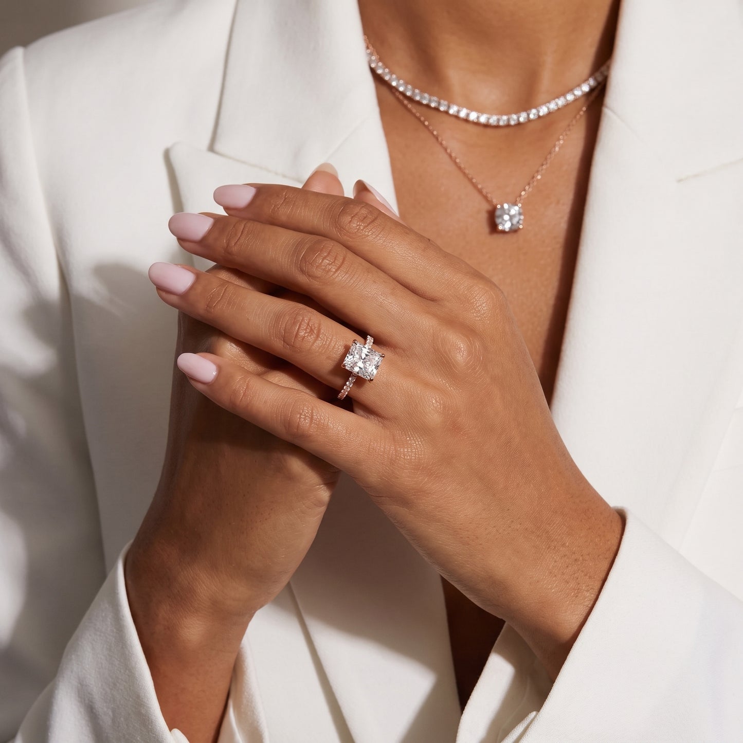 Ione Solitaire Pavé Radiant Diamond Engagement Ring in Rose Gold - model.jpg