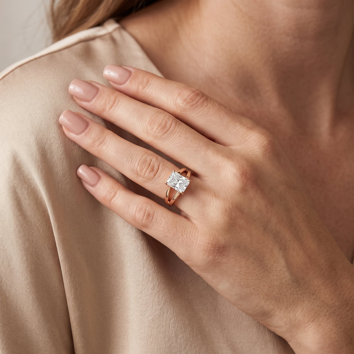 Giselle Solitaire Split Shank Radiant Diamond Engagement Ring in Rose Gold - model.jpg