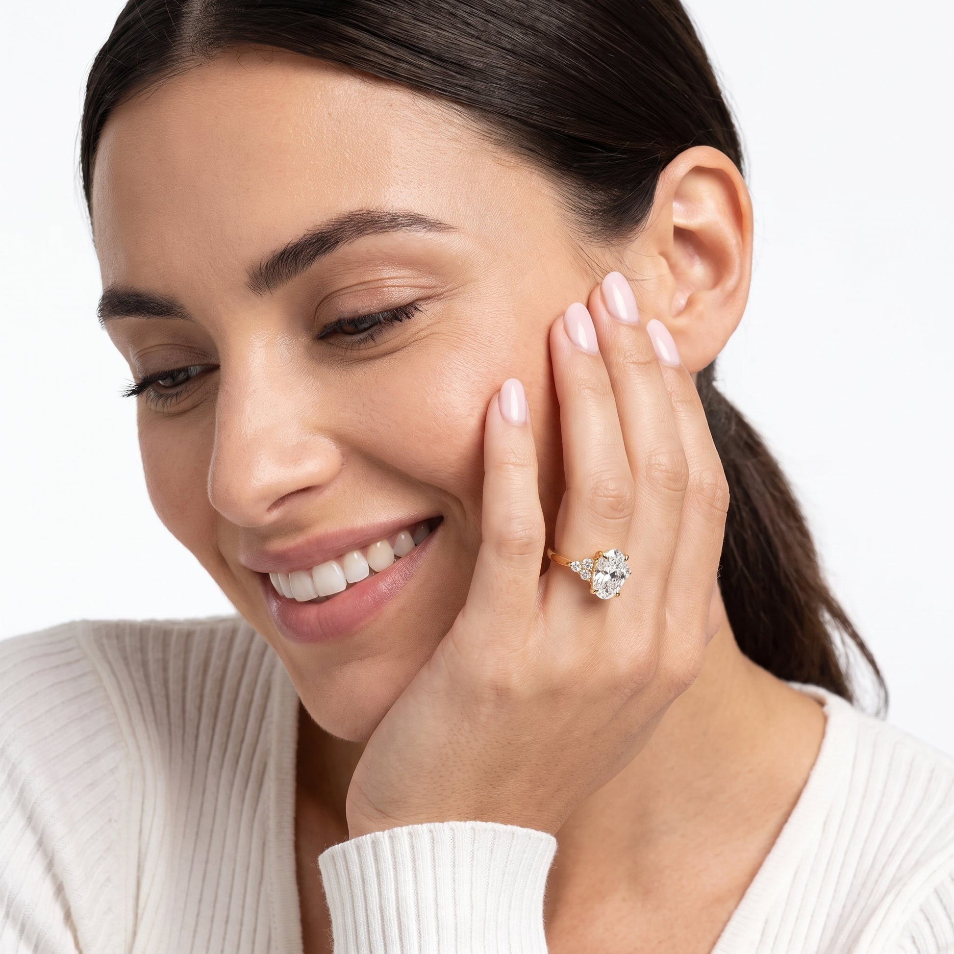 Anya Sidestone Cluster Oval Diamond Ring in Yellow Gold - model.jpg