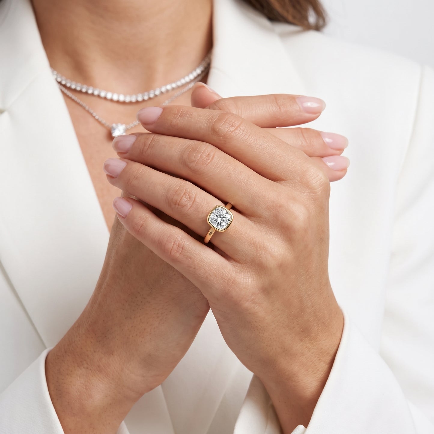 Jolie Bezel Solitaire Cushion Diamond Engagement Ring in Yellow Gold - model.jpg