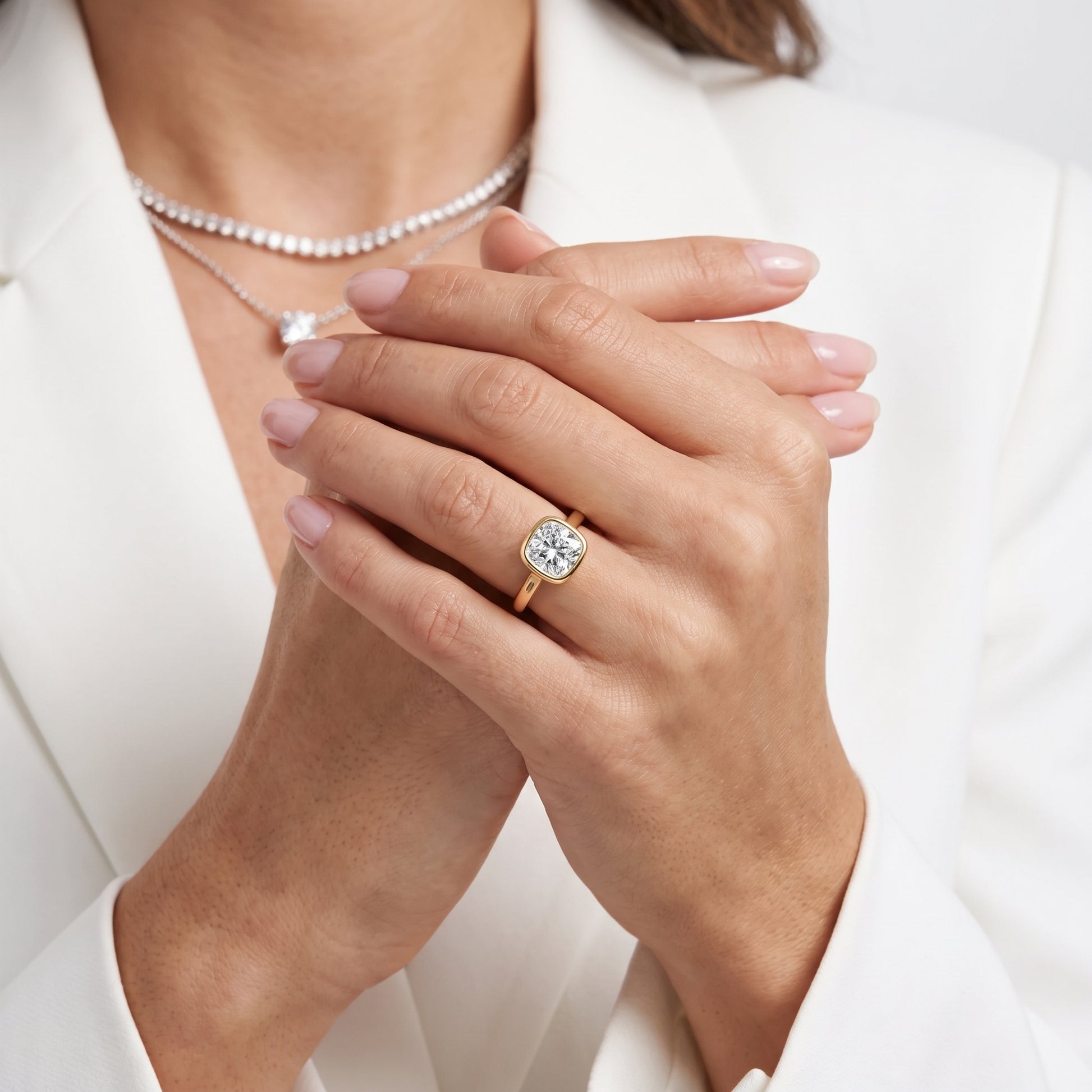 Jolie Bezel Solitaire Cushion Diamond Engagement Ring in Yellow Gold - model.jpg