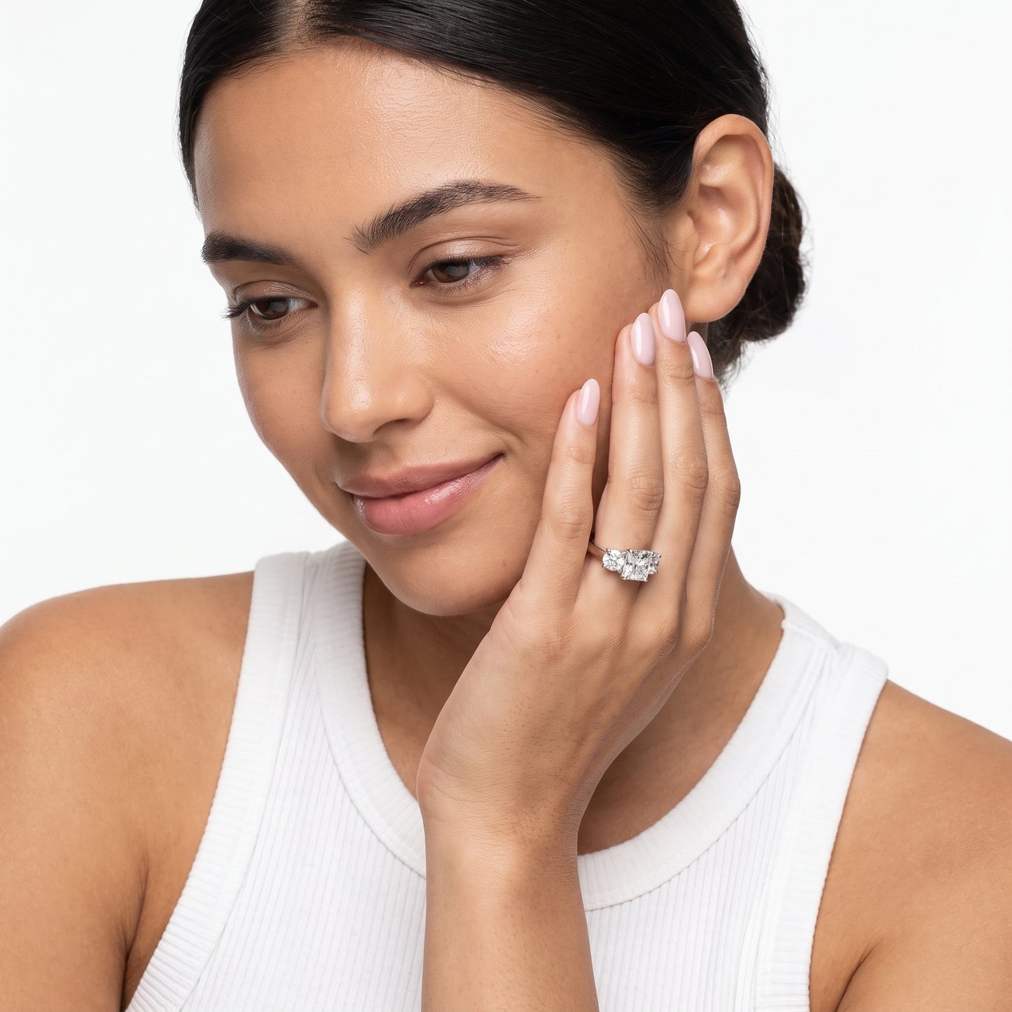 Callie Three-Stone Trellis Radiant Diamond Engagement Ring in White Gold - model.jpg