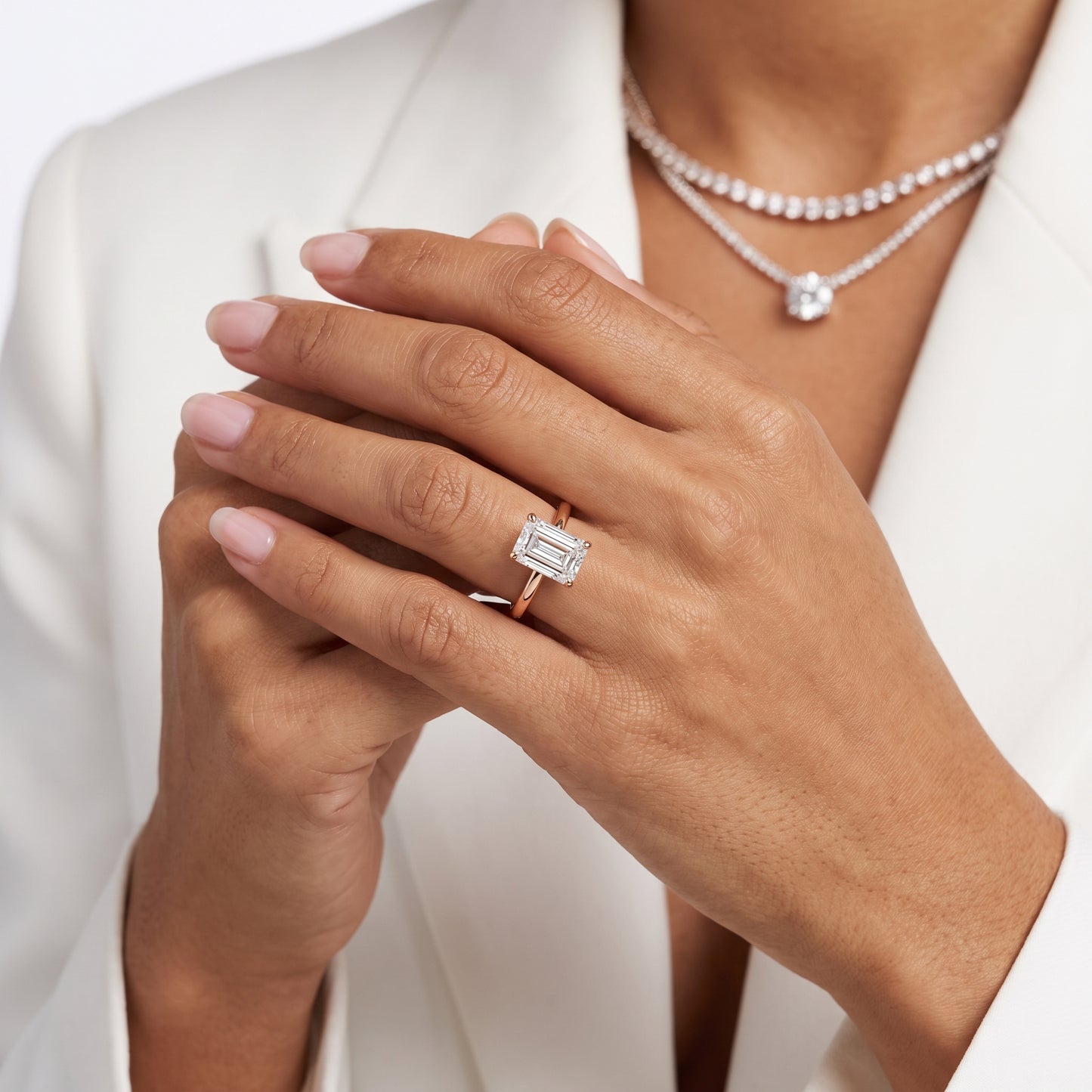 Sadie Cathedral Solitaire Emerald Diamond Ring in Rose Gold - model.jpg