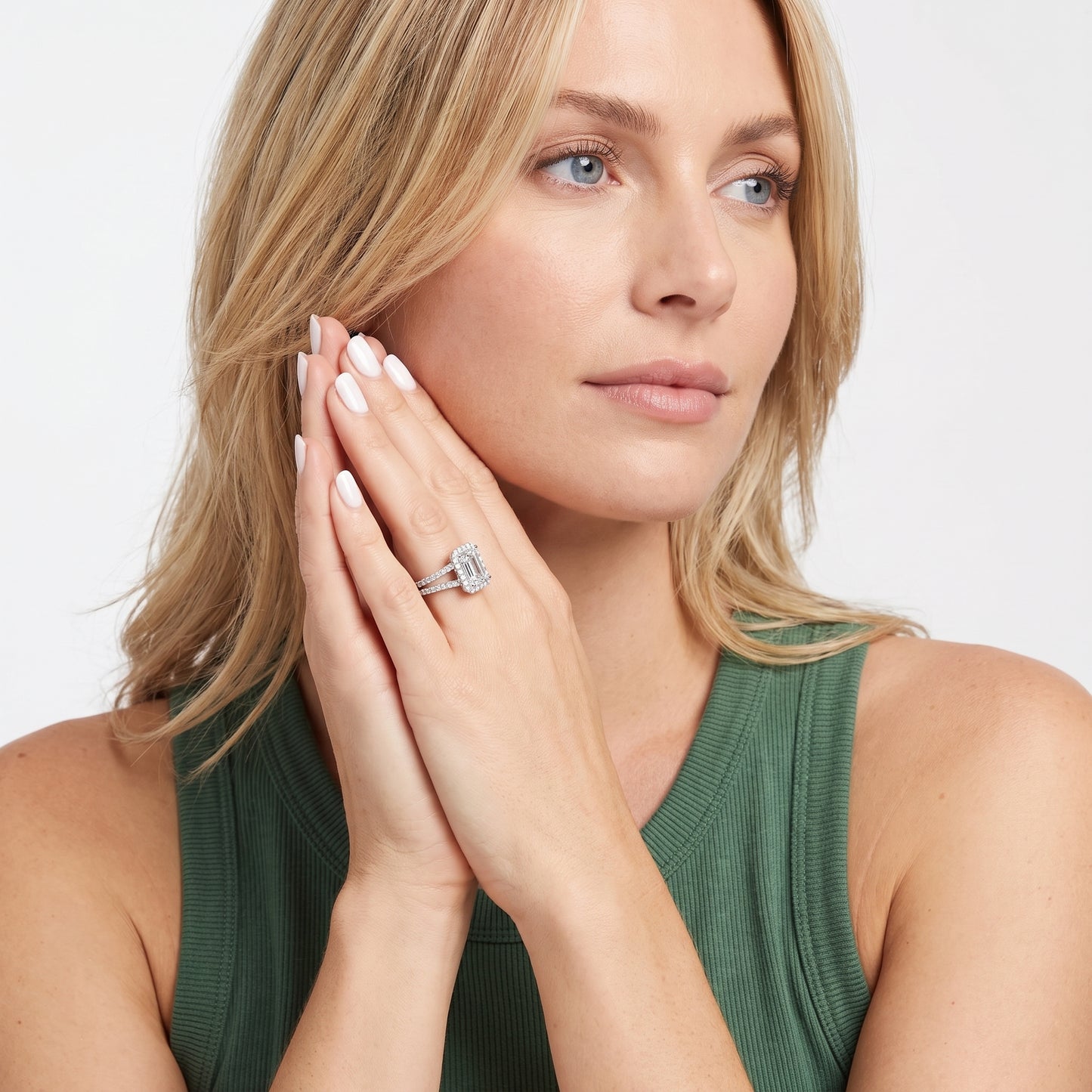 Kira Halo Split Shank Emerald Diamond Engagement Ring in Silver - model.jpg
