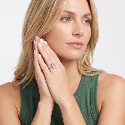Kira Halo Split Shank Emerald Diamond Engagement Ring in Silver - model.jpg