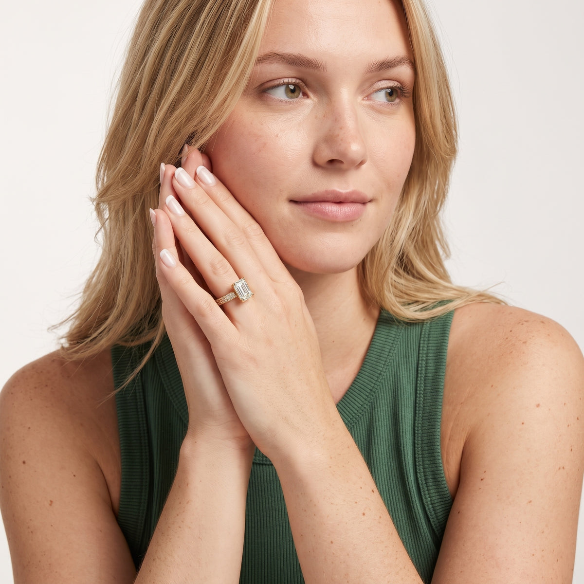 Kaitlin Micropavé Dome Emerald Diamond Engagement Ring in Rose Gold - model.jpg