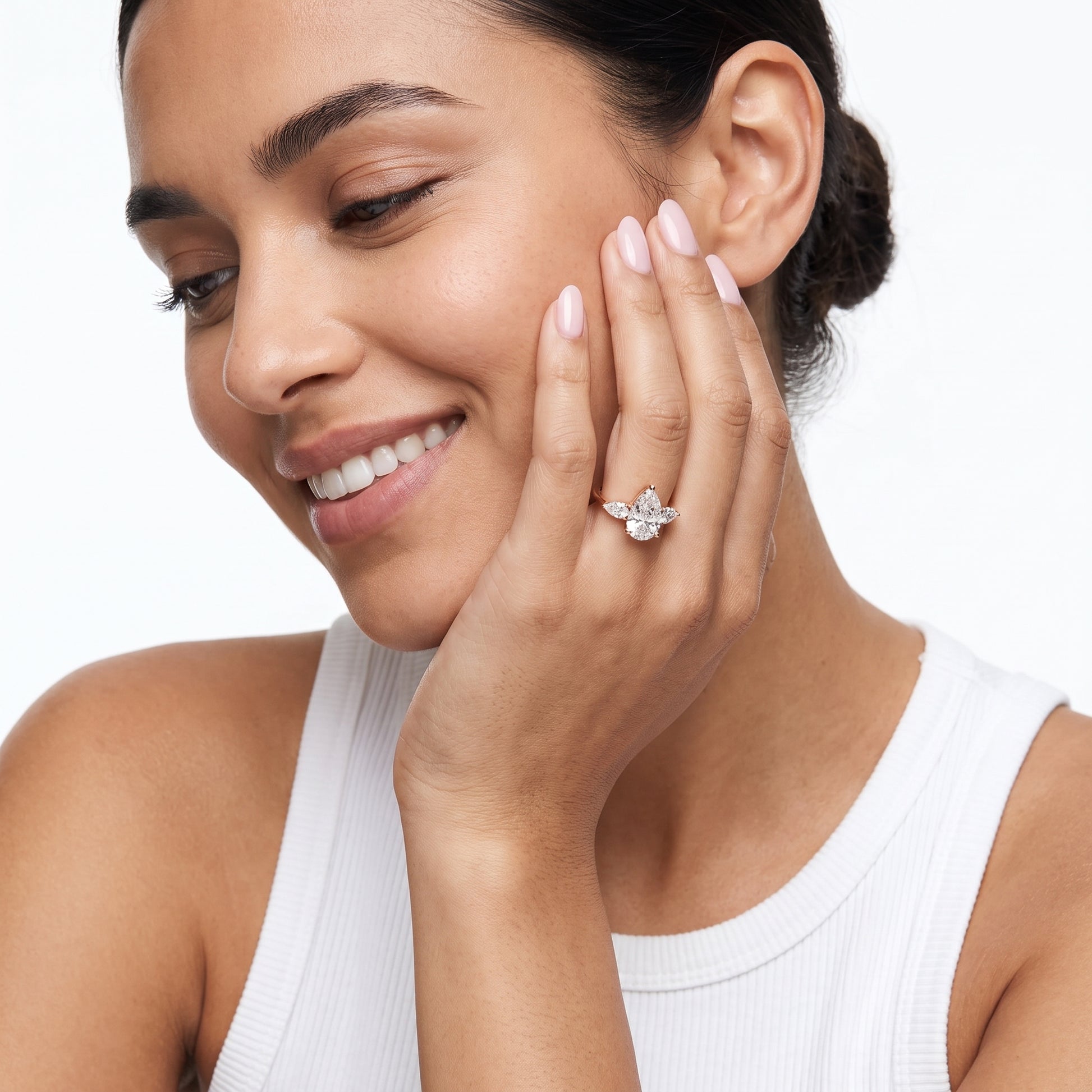 Faye Three-Stone Trellis Pear Diamond Ring in Rose Gold - model.jpg