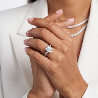 Violet Hidden Halo Pavé Emerald Diamond Ring in Platinum - model.jpg