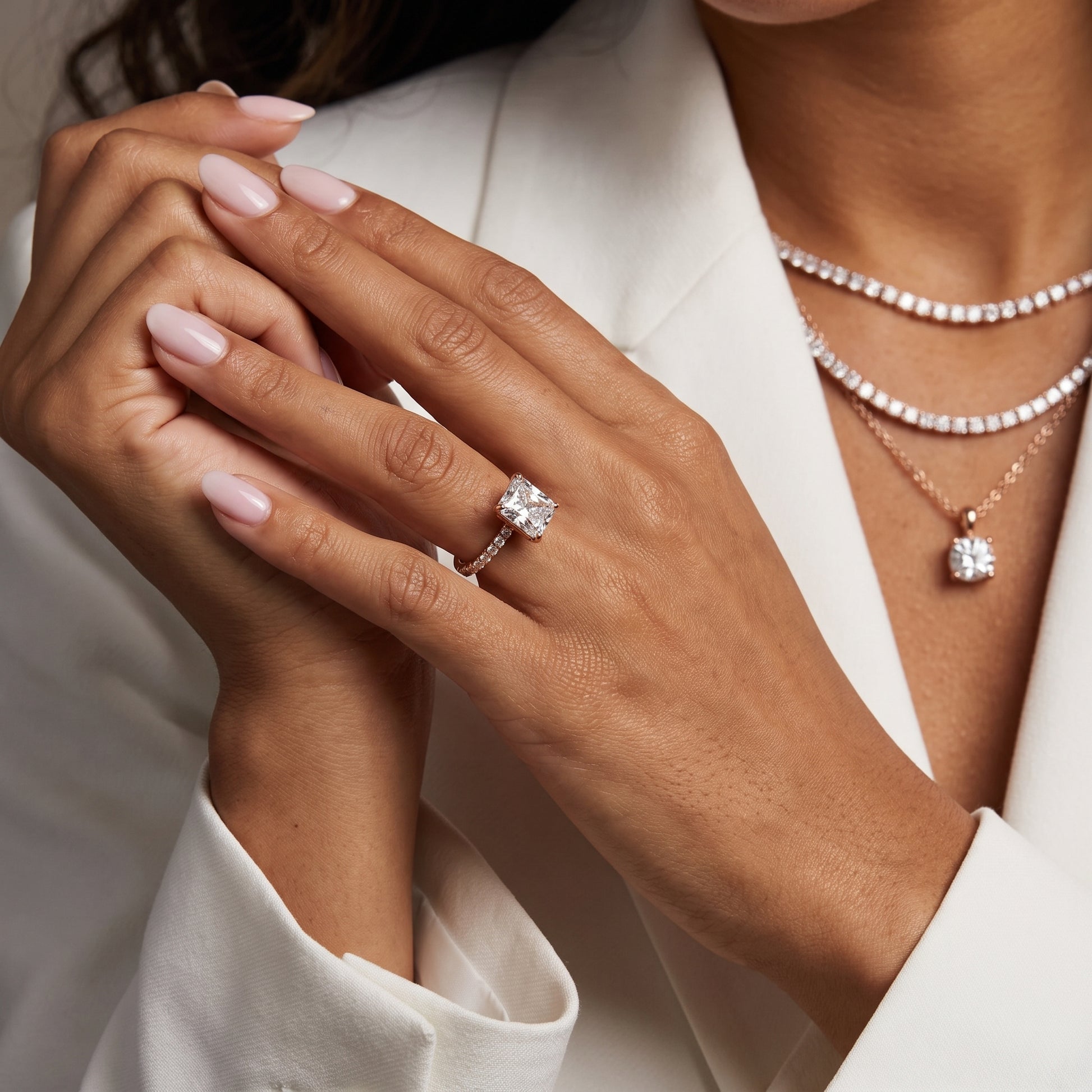 Novara Solitaire Pavé Radiant Diamond Ring in Rose Gold - model.jpg