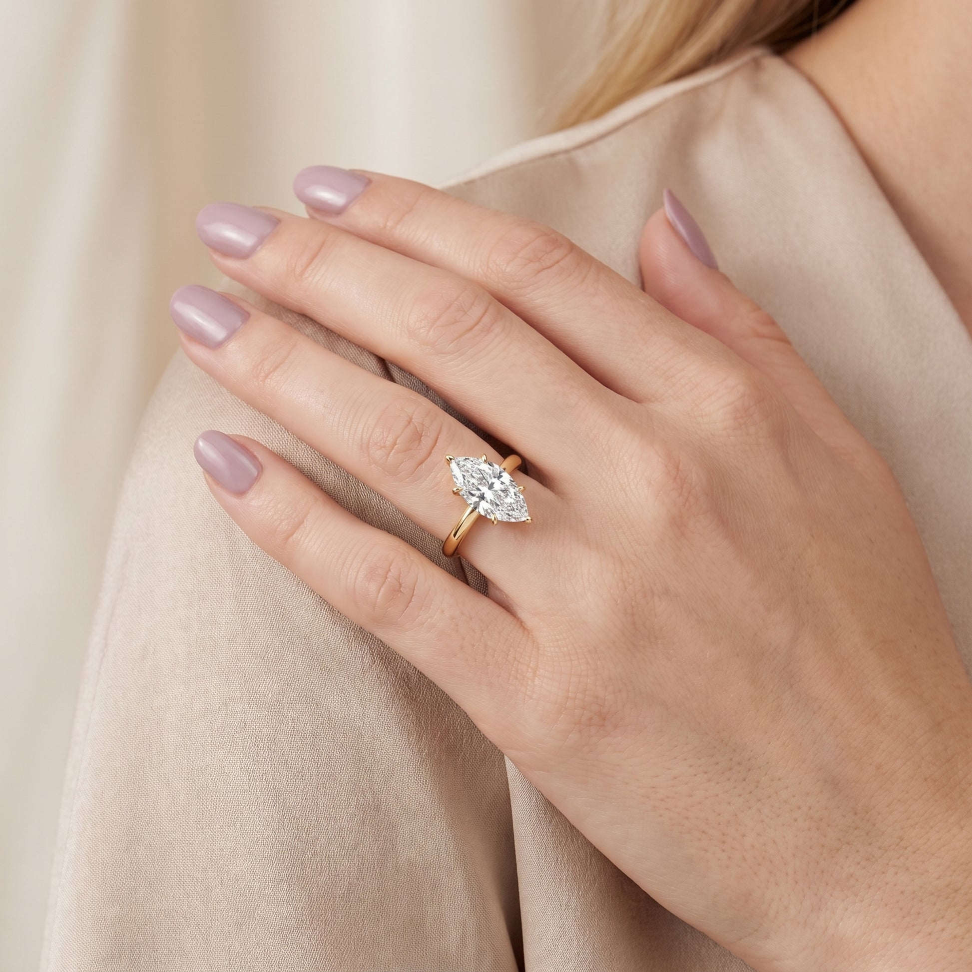 Evie Solitaire Six-Prong Marquise Diamond Engagement Ring in Yellow Gold - model.jpg