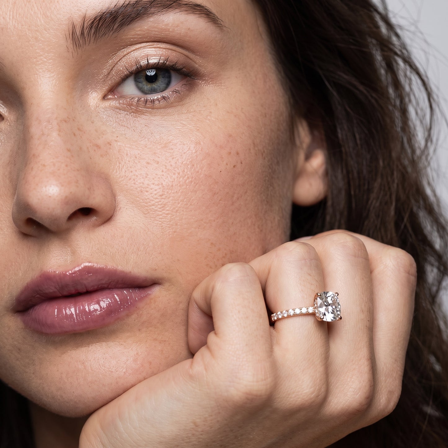 Juna French Pavé Solitaire Cushion Diamond Engagement Ring in Rose Gold - model.jpg