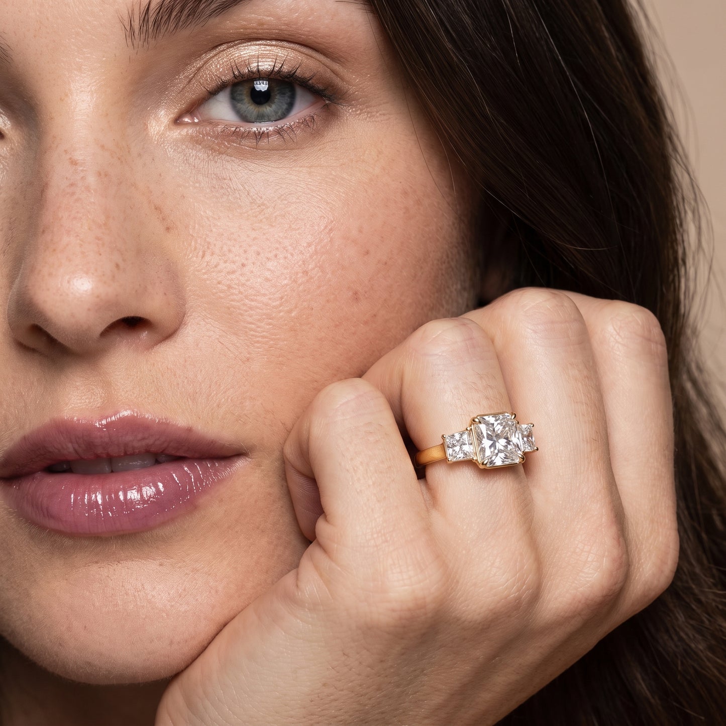 Selena Three-Stone Basket Radiant Diamond Ring in Yellow Gold - model.jpg