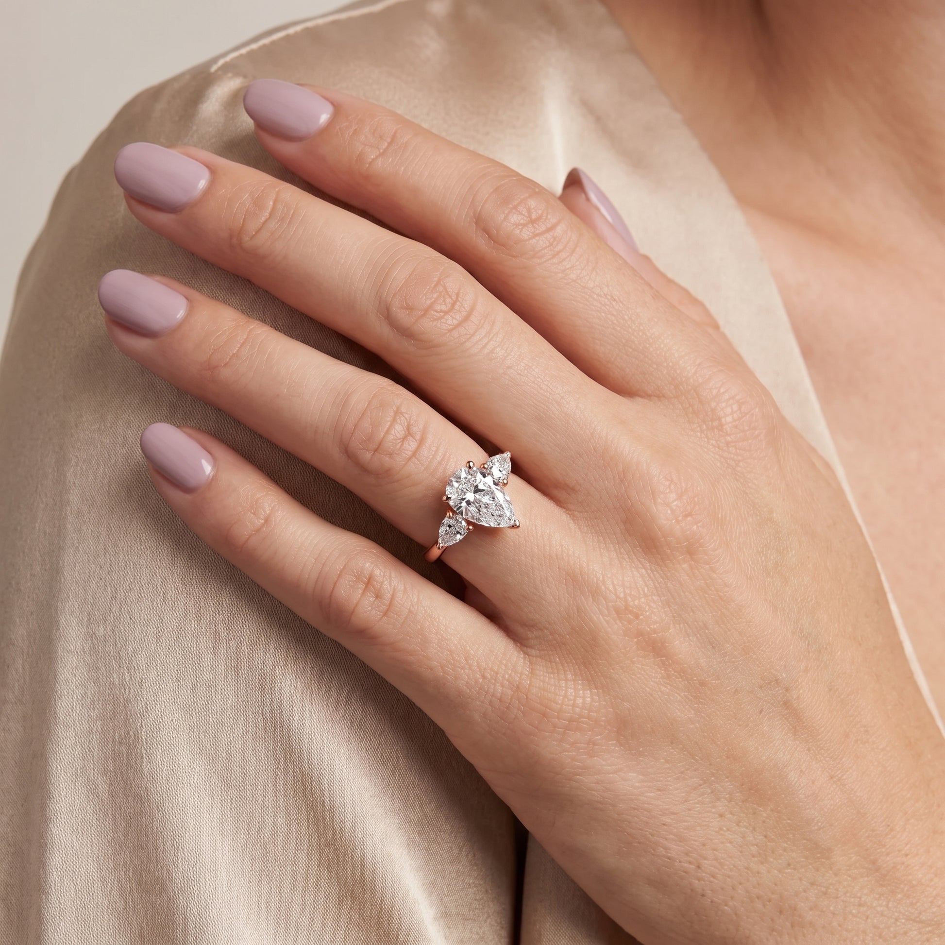 Mirabel Three-Stone Pear Diamond Engagement Ring in Rose Gold - model.jpg