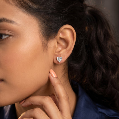 Four Prong Heart Diamond Stud Earrings in White Gold - on model