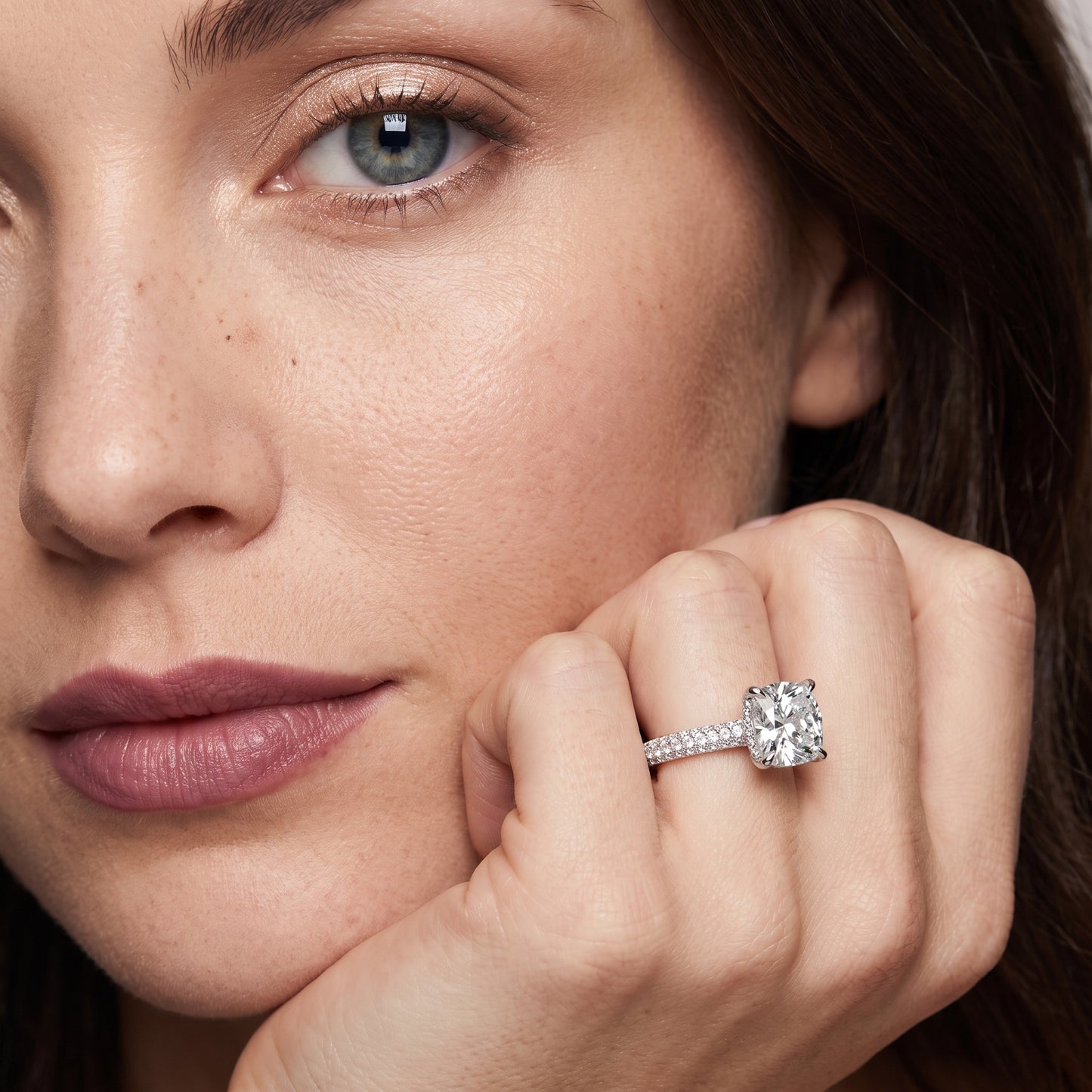 Della Hidden Halo Pavé Cushion Diamond Engagement Ring in White Gold - model.jpg