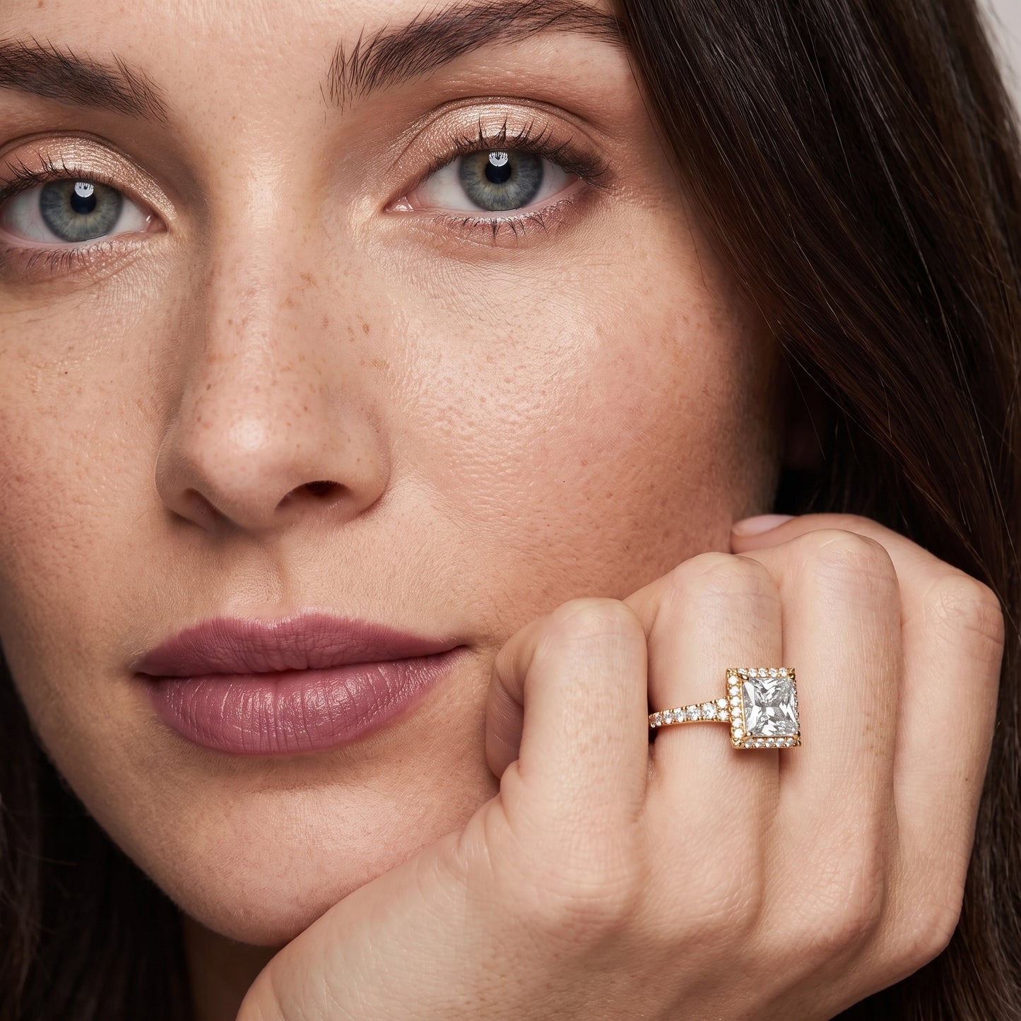 Bella Halo Pavé Princess Diamond Engagement Ring in Yellow Gold - model.jpg