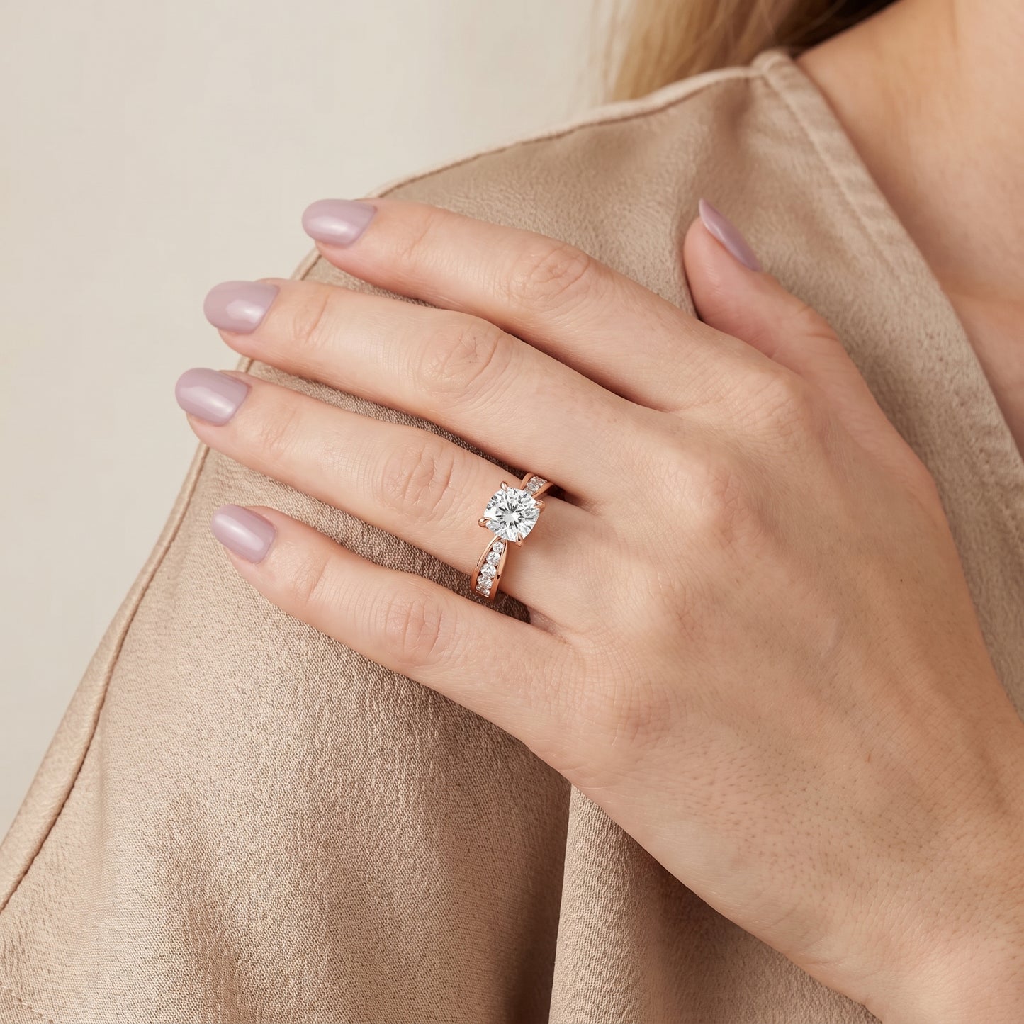 Noor Channel Set Sidestone Cushion Diamond Engagement Ring in Rose Gold - model.jpg