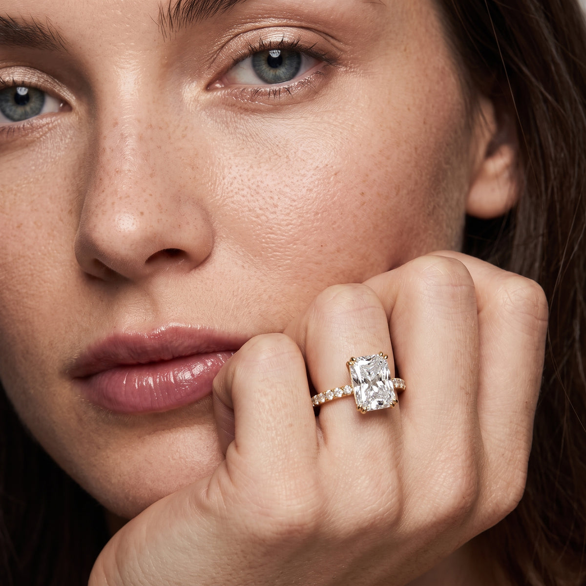 Luna Solitaire Pavé Radiant Diamond Engagement Ring in Yellow Gold - model.jpg
