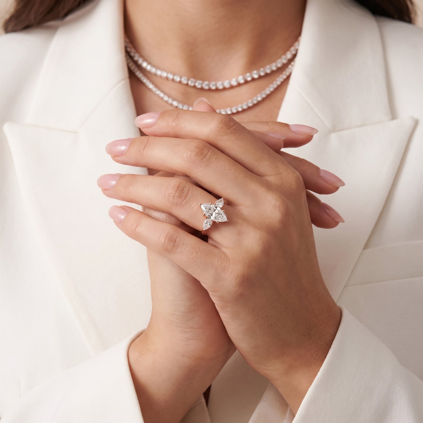 Faye Three-Stone Trellis Marquise Diamond Ring in Rose Gold - model.jpg