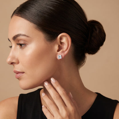 Four Prong Asscher Diamond Stud Earrings in Platinum - on model