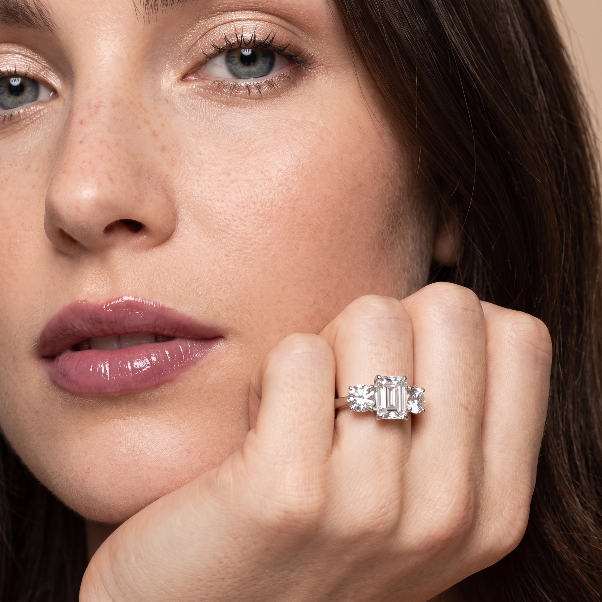Esme Three-Stone Tapered Emerald Diamond Ring in Silver - model.jpg
