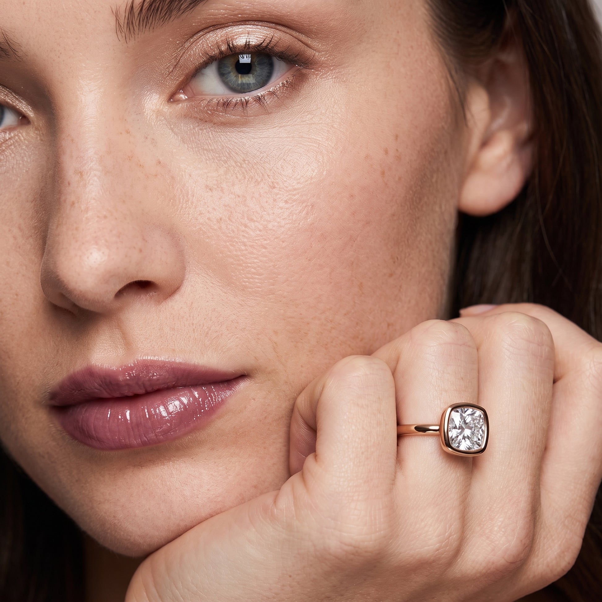 Maeve Bezel Solitaire Cushion Diamond Ring in Rose Gold - model.jpg