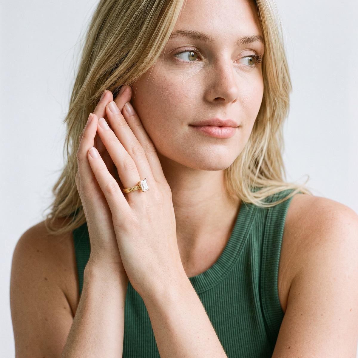 Kailua Vintage Engraved Emerald Diamond Engagement Ring in Yellow Gold - model.jpg