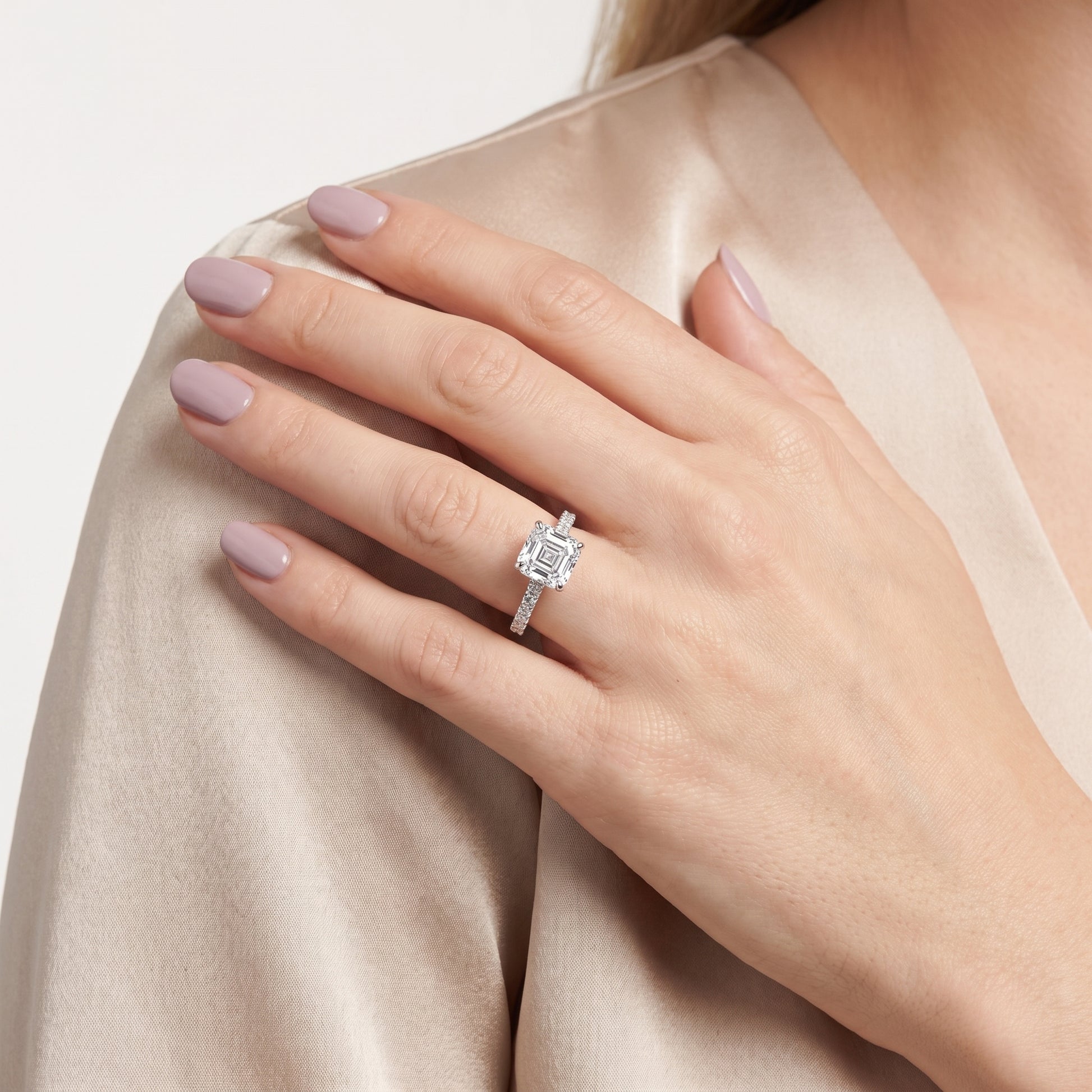 Della Hidden Halo Pavé Asscher Diamond Engagement Ring in Silver - model.jpg