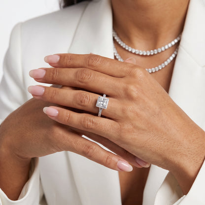 Bella Halo Pavé Princess Diamond Engagement Ring in Platinum - model.jpg