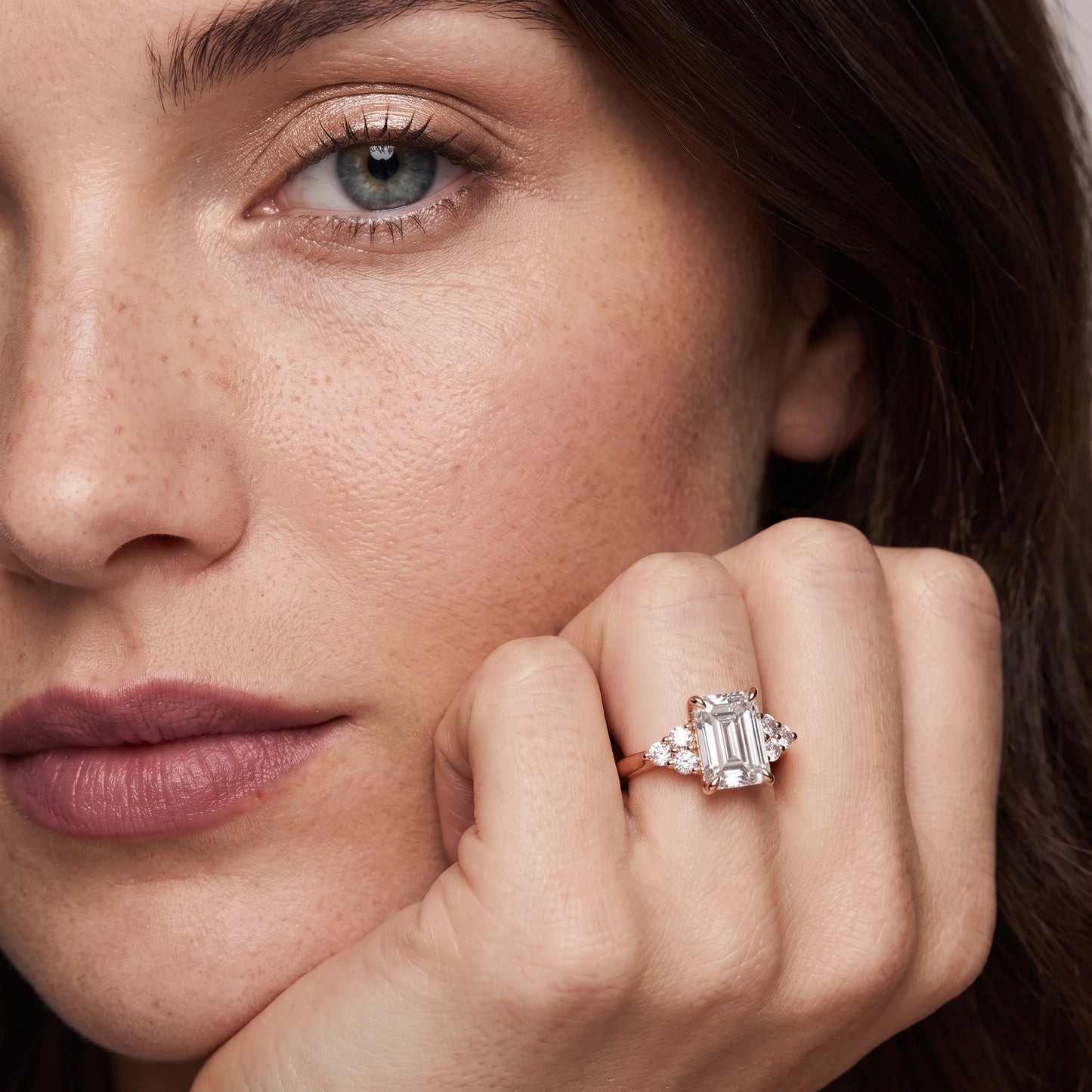 Anya Sidestone Cluster Emerald Diamond Ring in Rose Gold - model.jpg