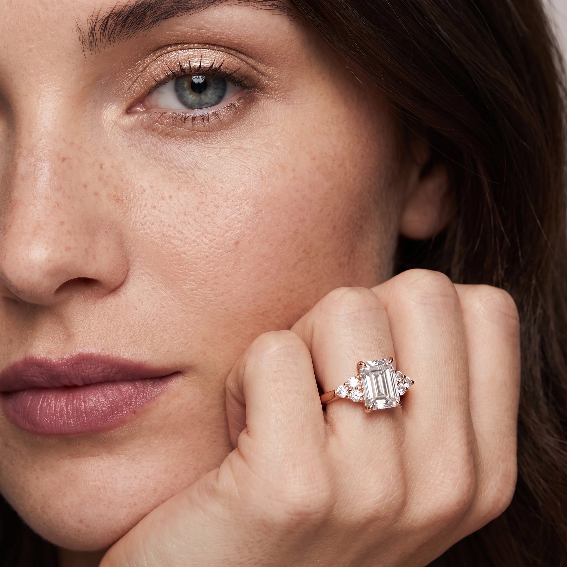 Anya Sidestone Cluster Emerald Diamond Ring in Rose Gold - model.jpg