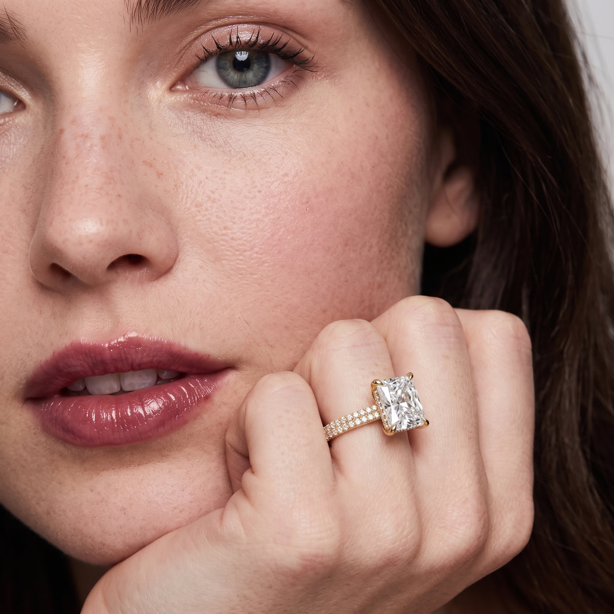 Elisa Hidden Halo Pavé Radiant Diamond Engagement Ring in Yellow Gold - model.jpg