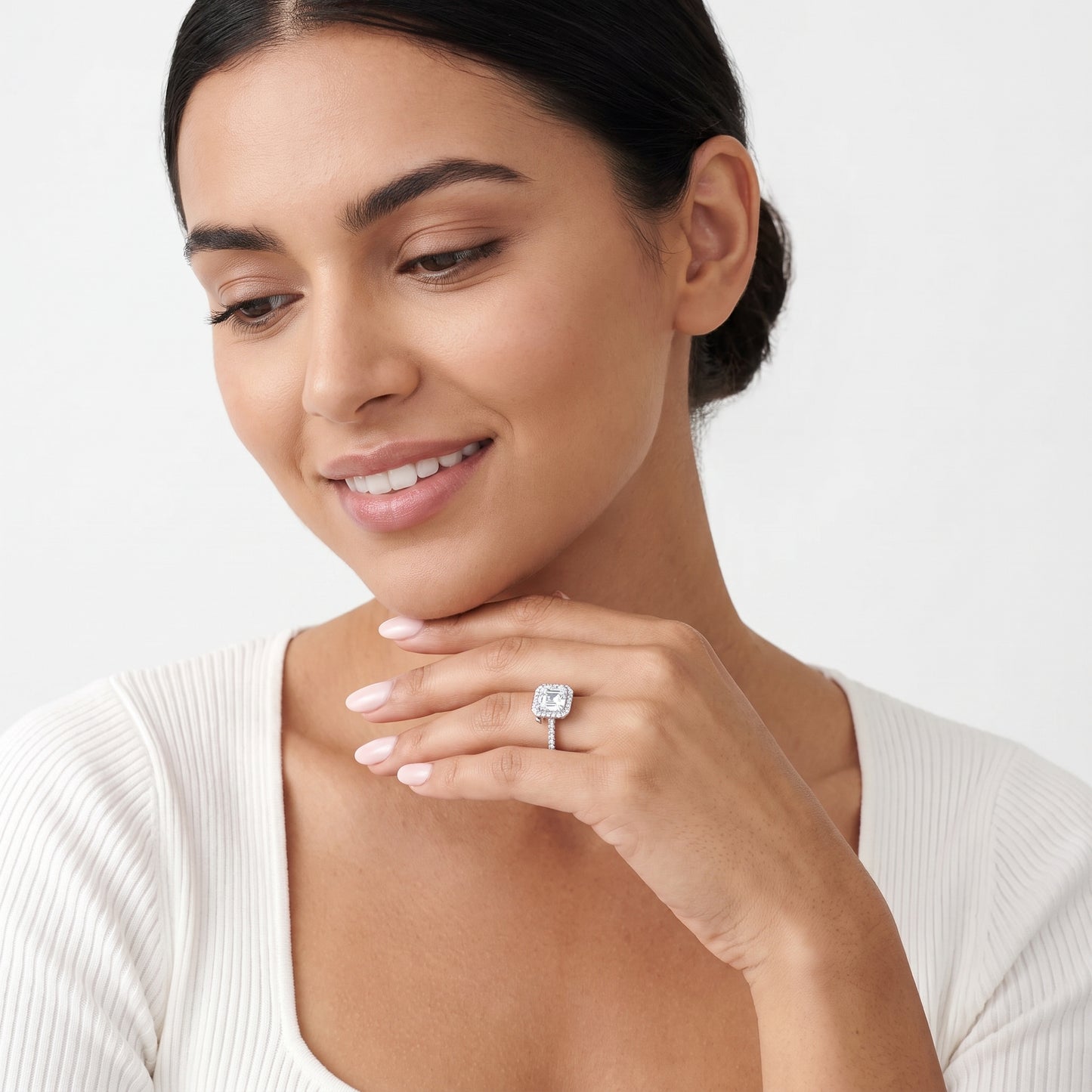 Amara Halo Claw Prong Asscher Diamond Ring in White Gold - model.jpg