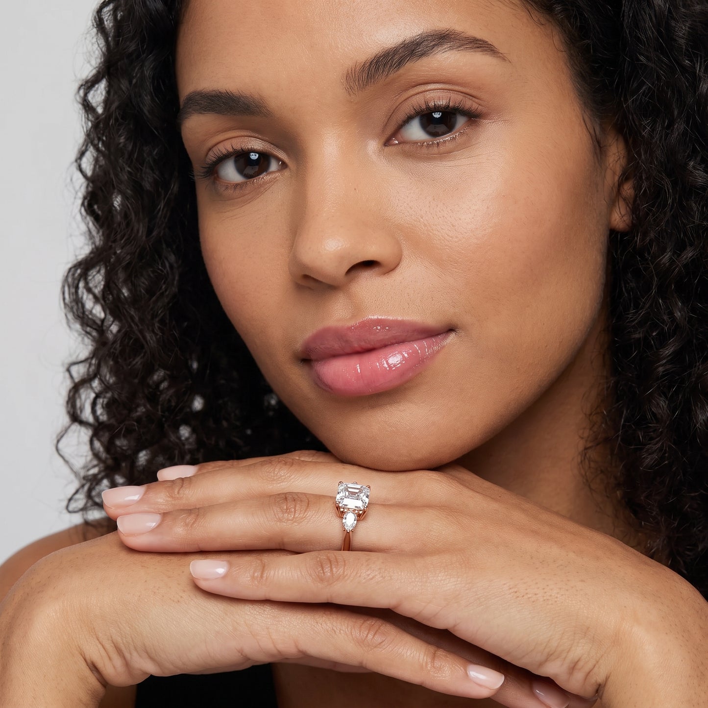 Leila Three-Stone Asscher Diamond Engagement Ring in Rose Gold - model.jpg