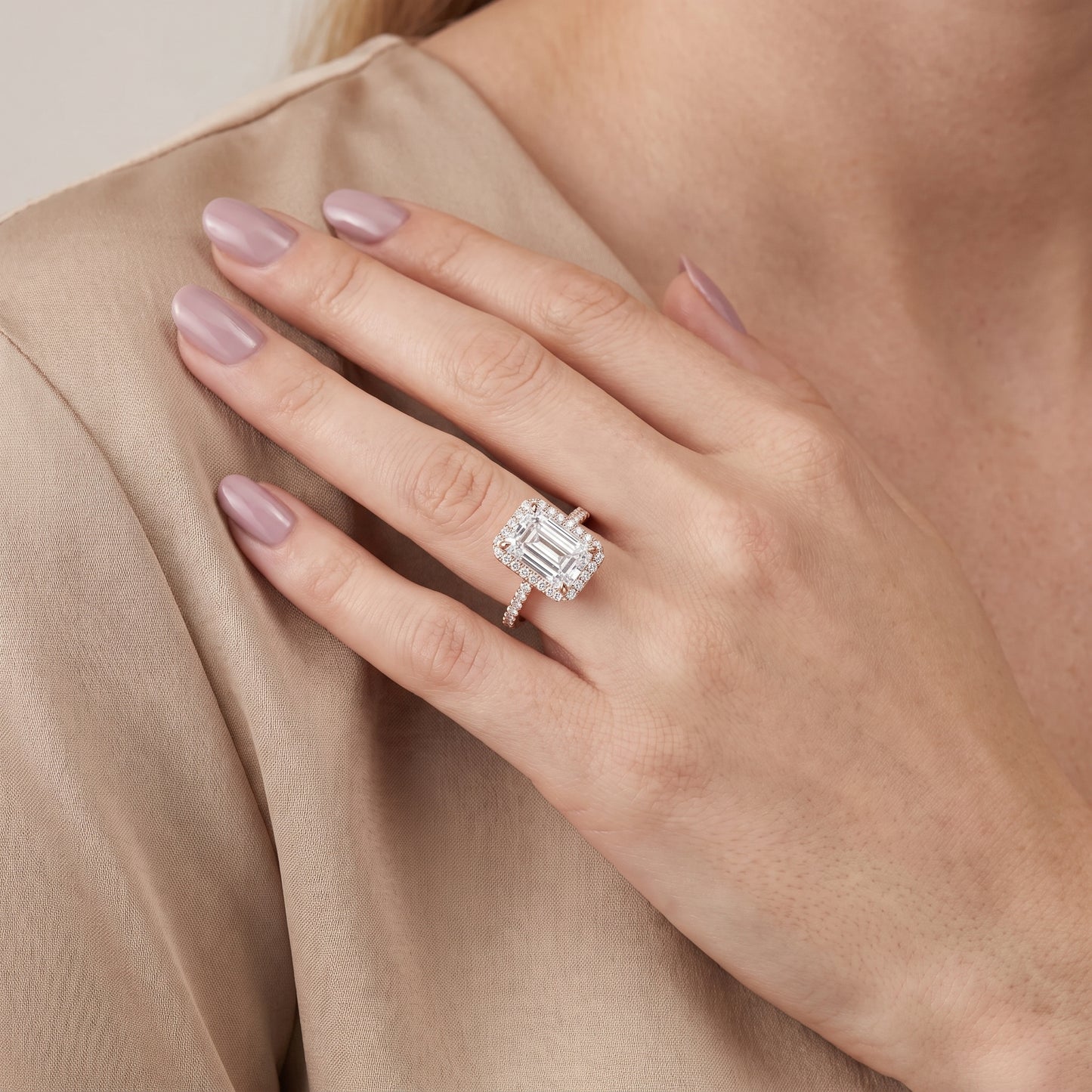 Alma Halo Pavé Emerald Diamond Engagement Ring in Rose Gold - model.jpg