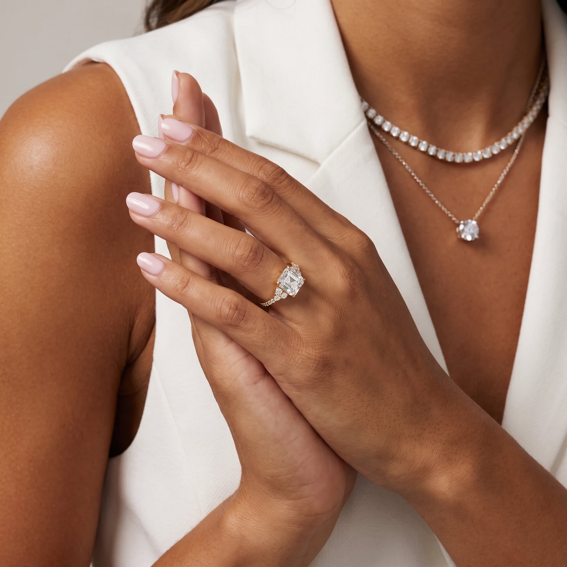 Anya Sidestone Cluster Asscher Diamond Ring in Yellow Gold - model.jpg