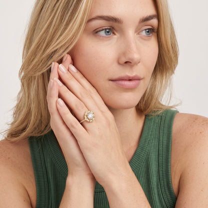 Caitlin Floral Halo Round Diamond Engagement Ring in Rose Gold - model.jpg