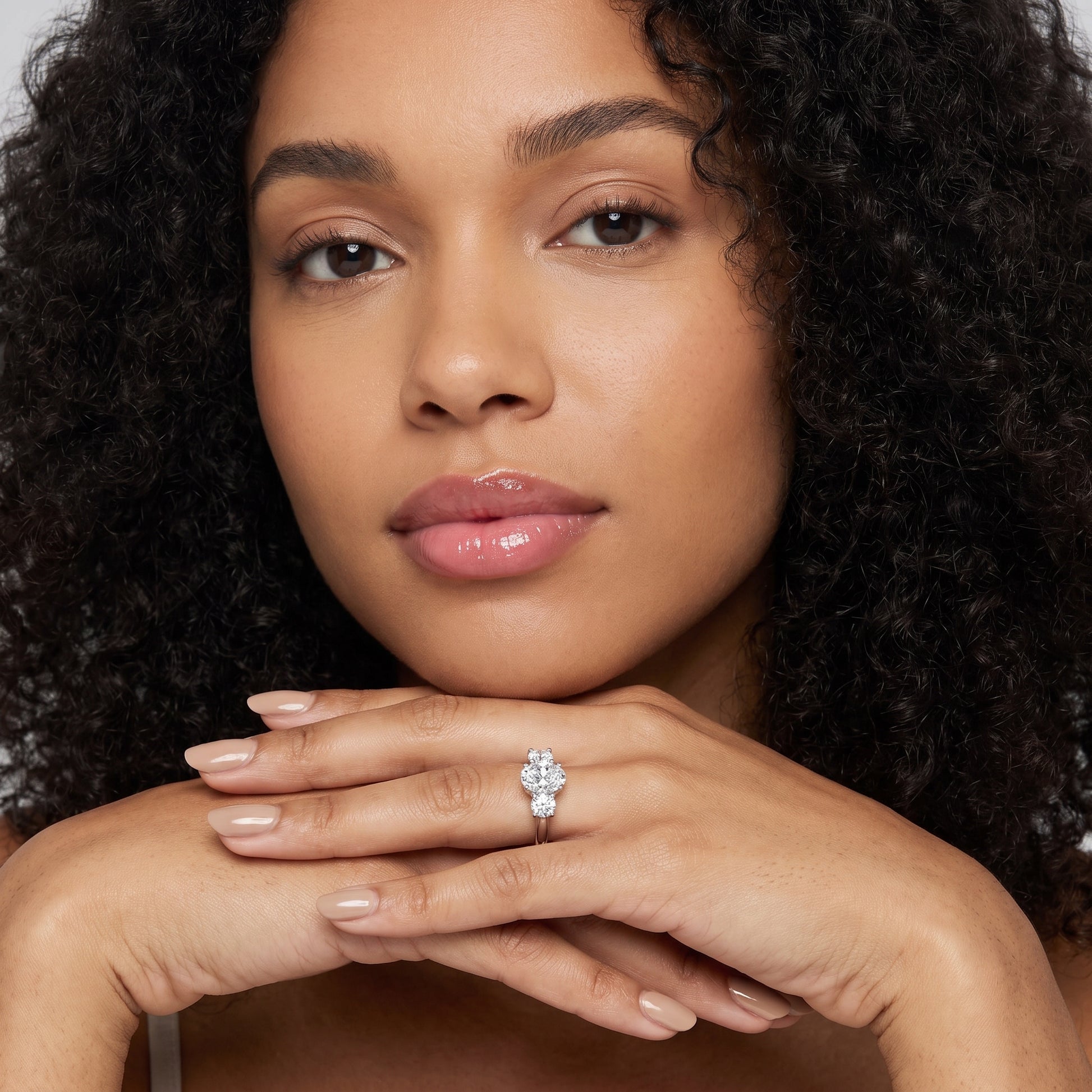 Callie Three-Stone Trellis Oval Diamond Engagement Ring in Platinum - model.jpg