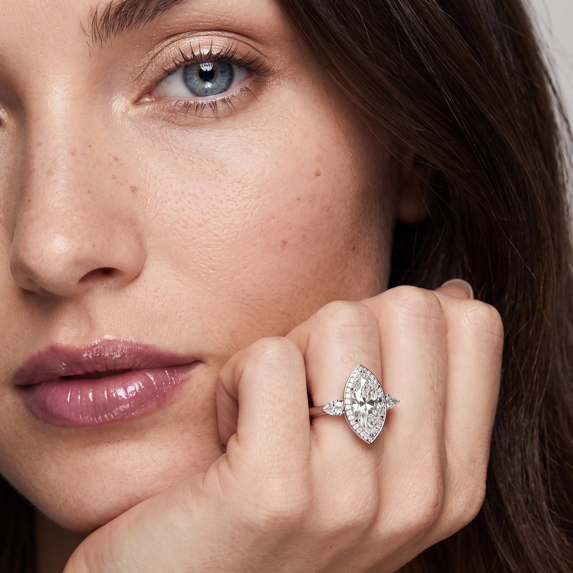 Eliza Halo Sidestone Marquise Diamond Engagement Ring in Platinum - model.jpg