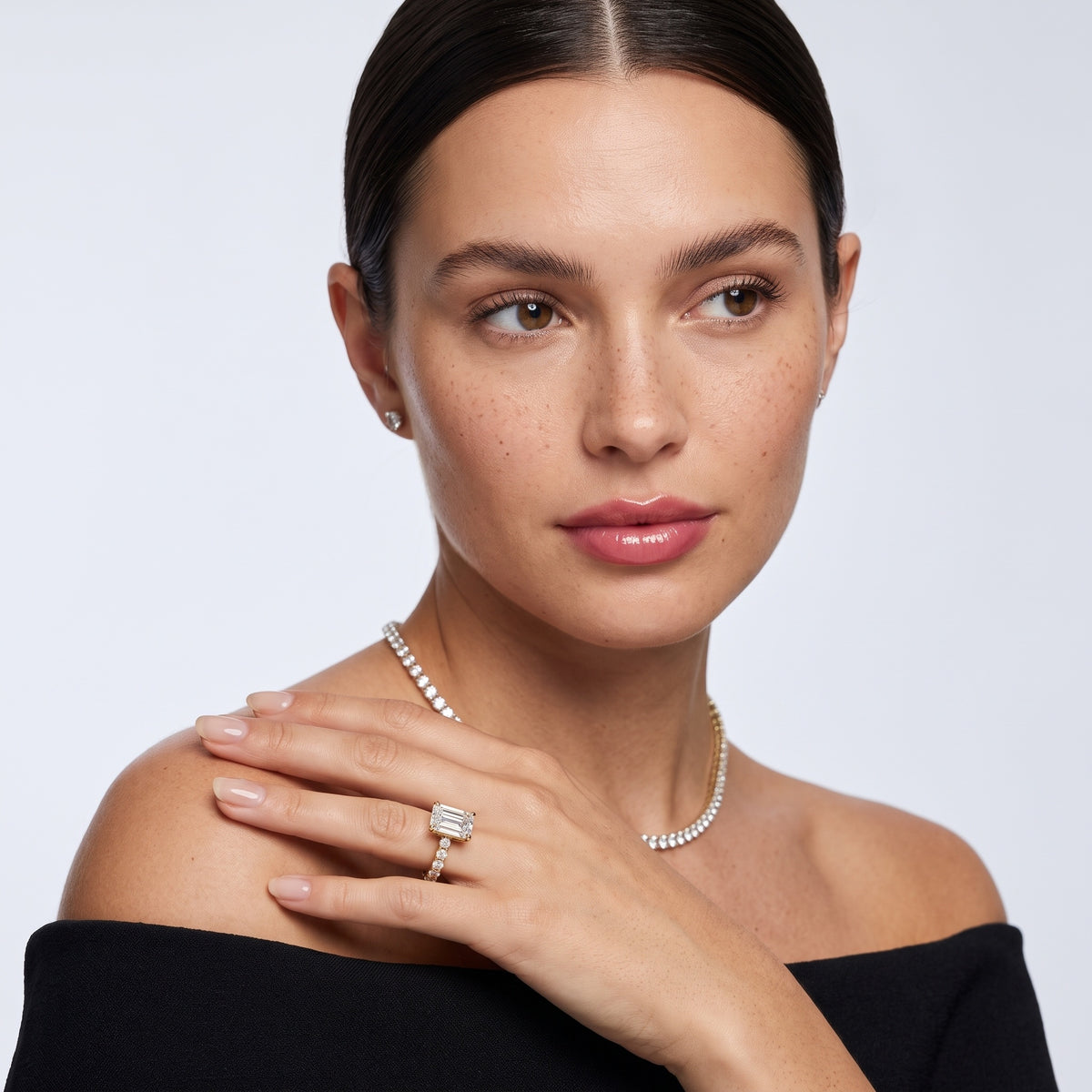 Keira Statement Pavé Emerald Diamond Engagement Ring in Silver - model.jpg