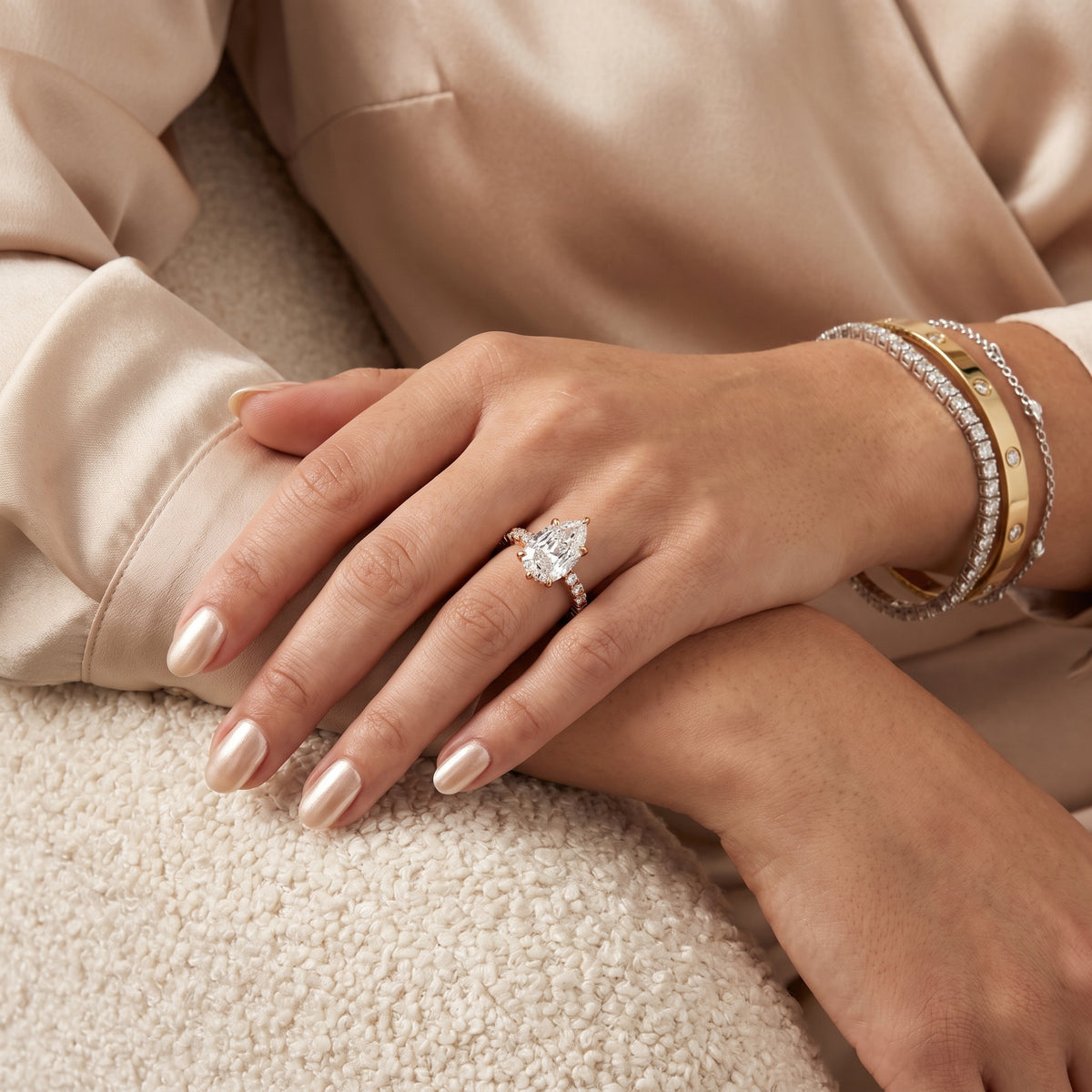 Delaney Hidden Halo French Pavé Step Cut Pear Diamond Engagement Ring in Rose Gold - model.jpg