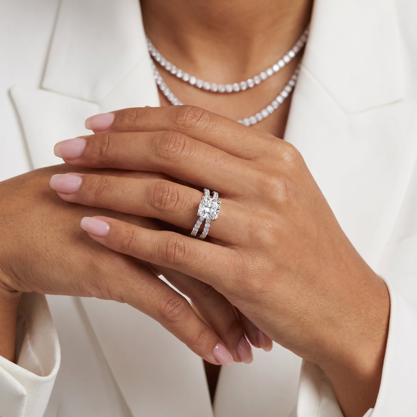 Lior Criss Cross Pavé Cushion Diamond Engagement Ring in Silver - model.jpg