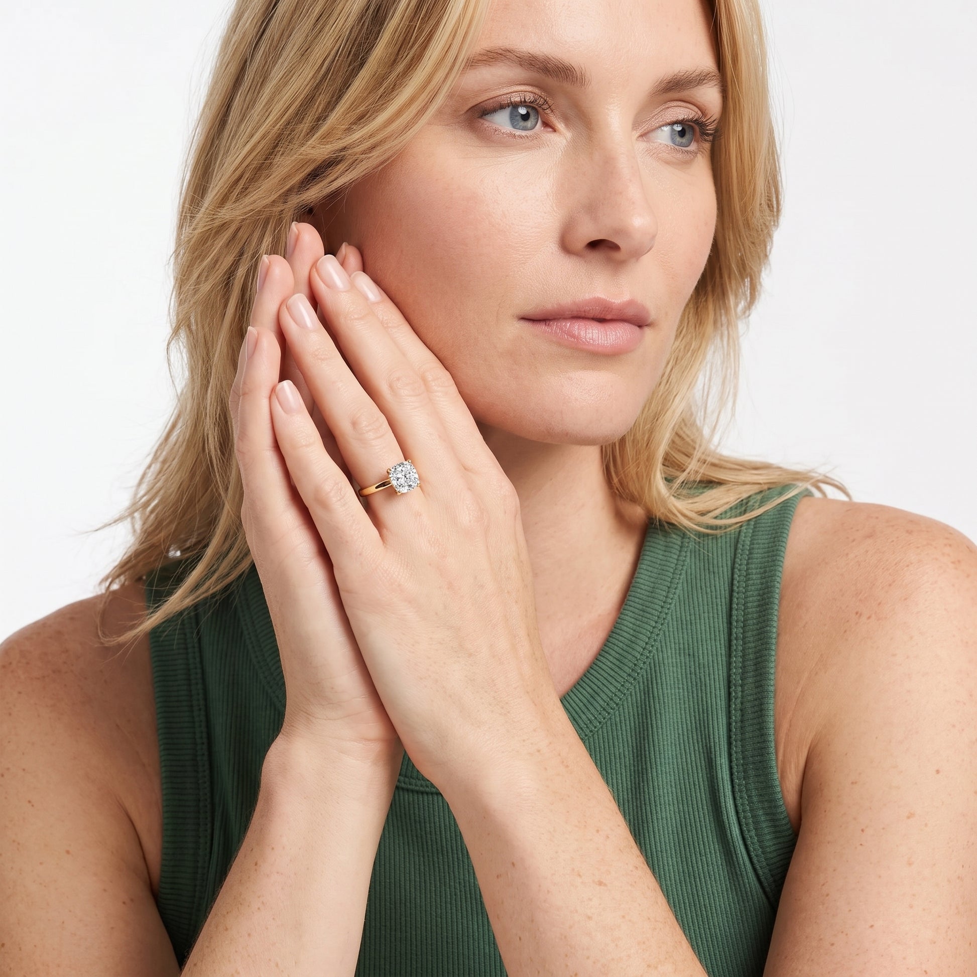 Liana Solitaire Claw Prong Cushion Diamond Engagement Ring in Yellow Gold - model.jpg