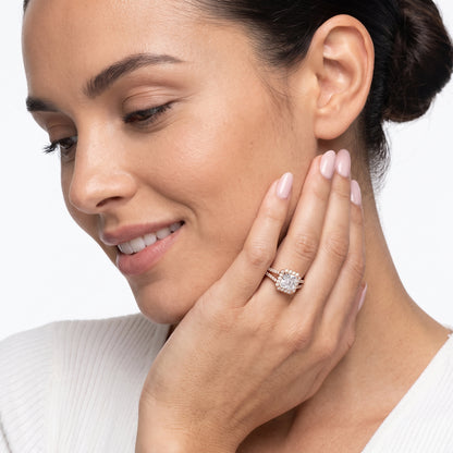 Kira Halo Split Shank Radiant Diamond Engagement Ring in Rose Gold - model.jpg