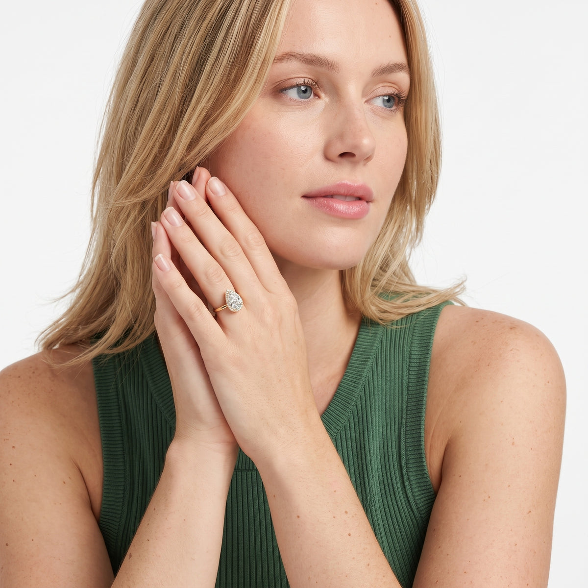 Melrose Halo Cathedral Pear Diamond Engagement Ring in Rose Gold - model.jpg