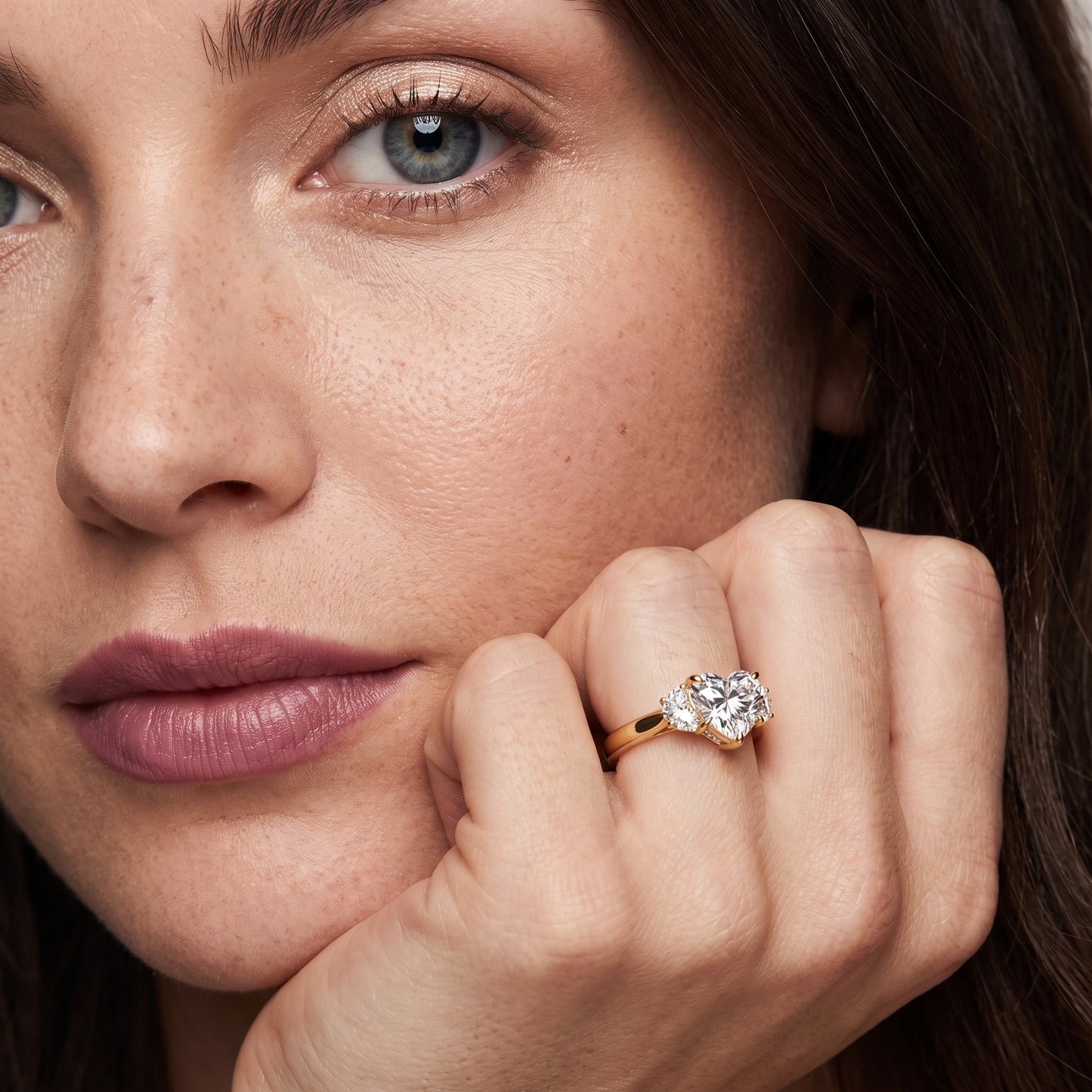 Romy Three-Stone Heart Diamond Engagement Ring in Yellow Gold - model.jpg