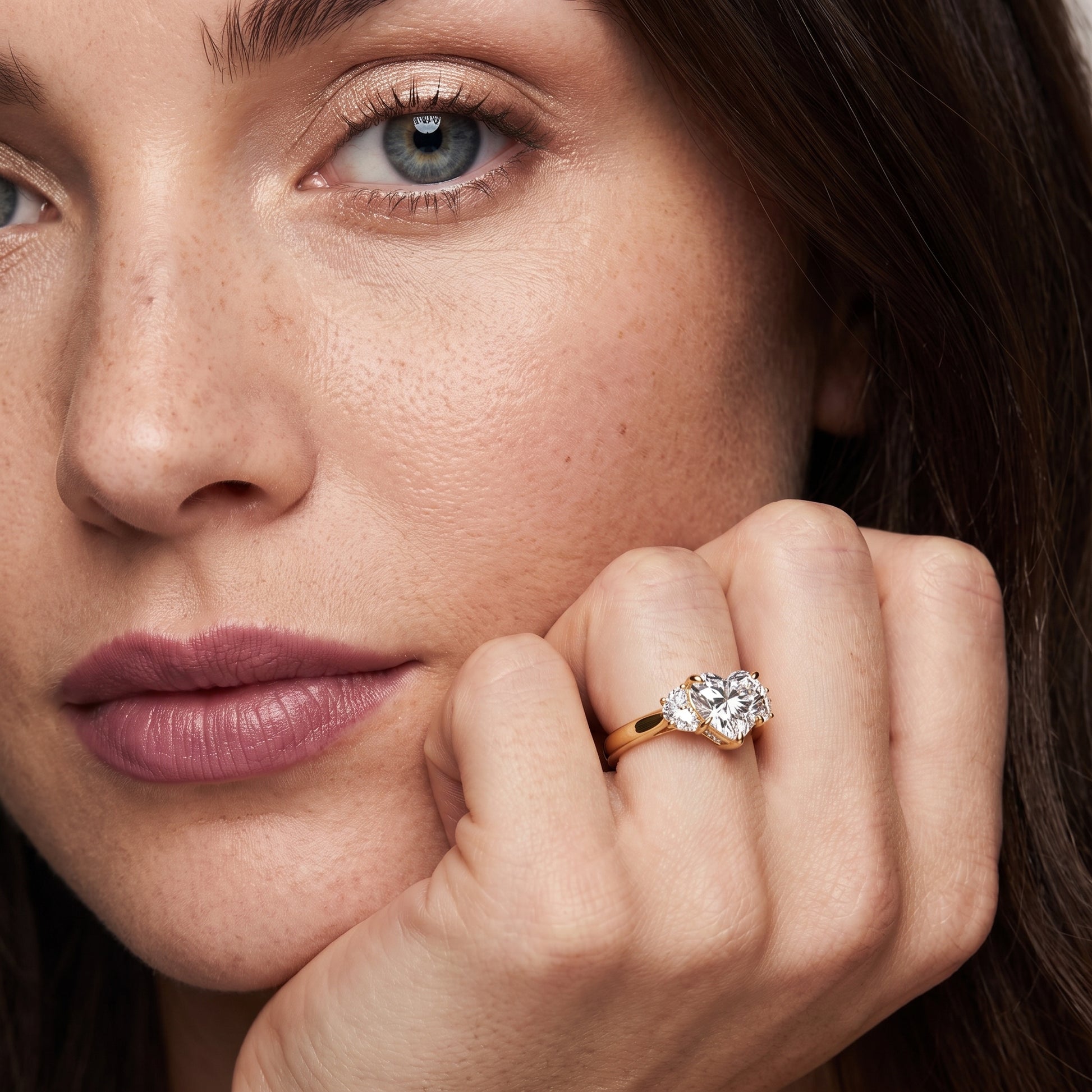 Romy Three-Stone Heart Diamond Engagement Ring in Yellow Gold - model.jpg
