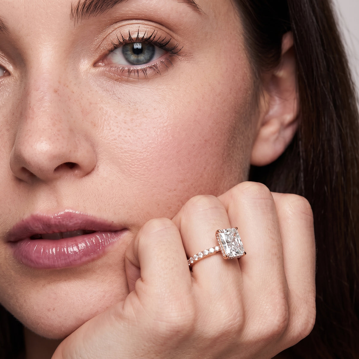 Gia Hidden Halo Pavé Radiant Diamond Engagement Ring in Rose Gold - model.jpg