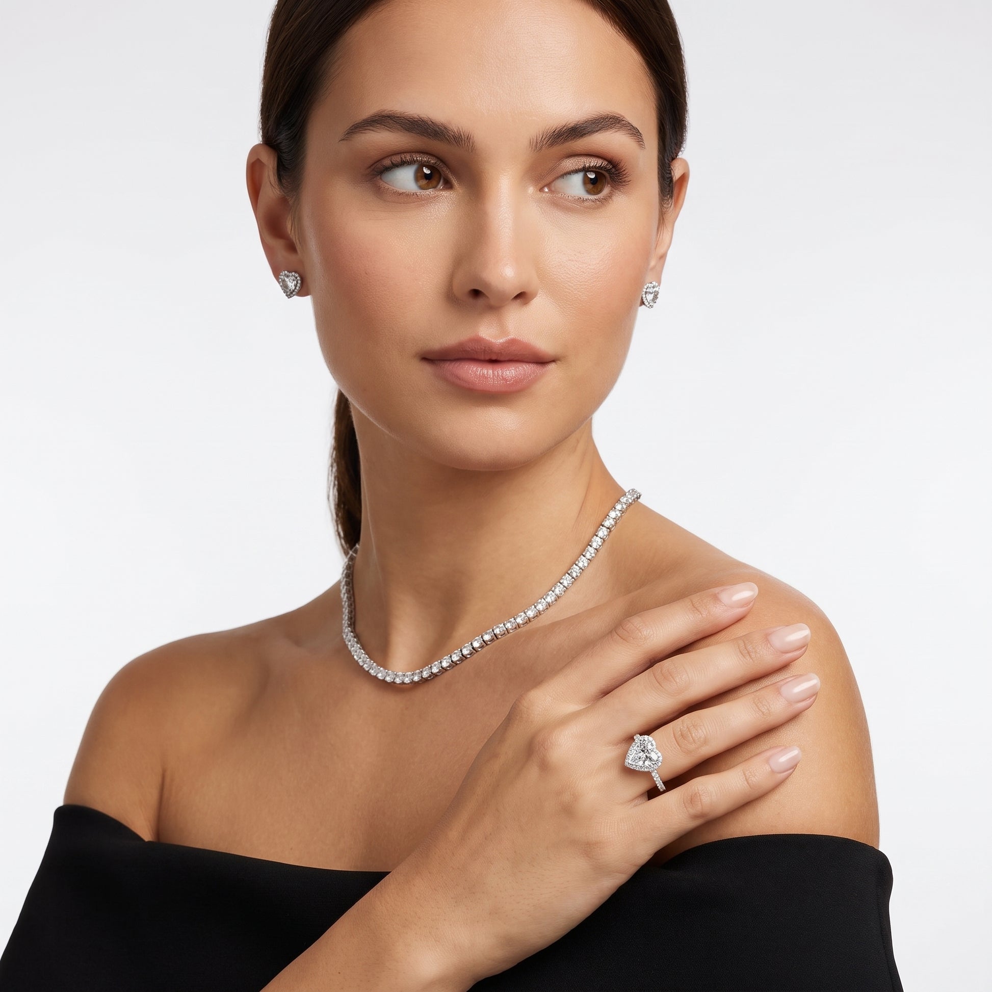 Chloe Halo Pavé Heart Diamond Ring in Silver - model.jpg