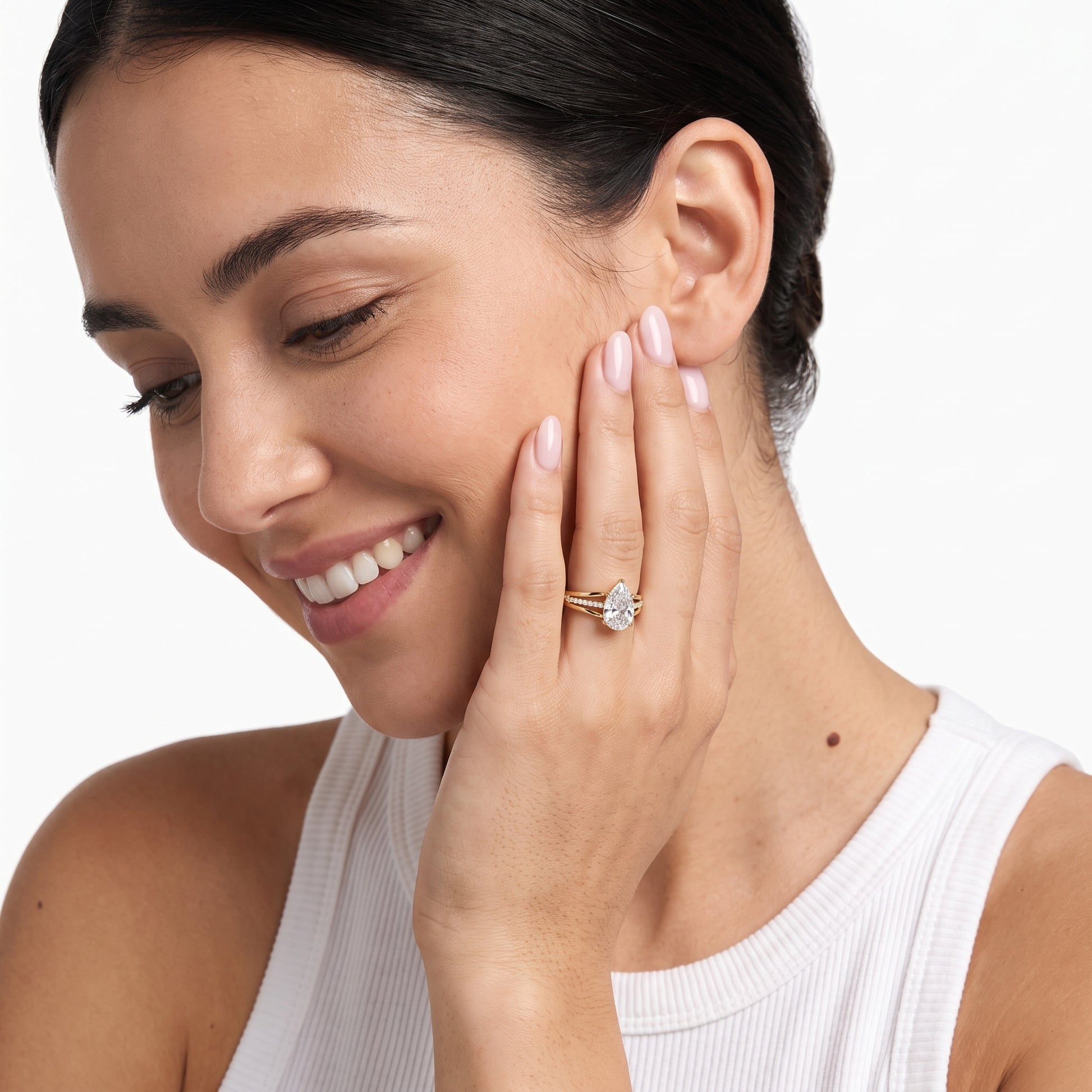 Scarlett Split Shank Pavé Pear Diamond Ring in Yellow Gold - model.jpg